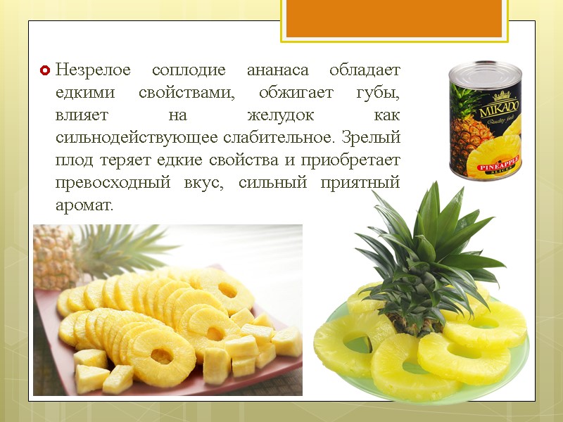 Незрелое соплодие ананаса обладает едкими свойствами, обжигает губы, влияет на желудок как сильнодействующее слабительное.